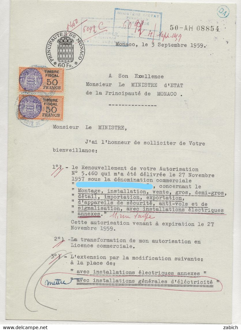 FISCAUX DE MONACO SERIE UNIFIEE  De 1949 N°12  50F Orange  2 Ex En Complément Sur Papier Timbré Le 3 Septembre 1959 - Fiscales