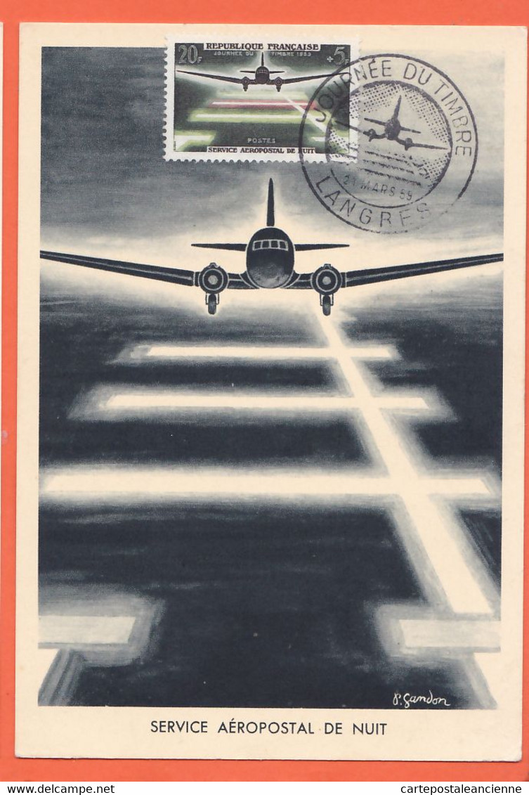 SUN144 ⭐ Carte Maximum Service Aéropostale De Nuit Journée Du Timbre LANGRES 21 Mars 1957 Etude GANDON Edit BOURGOGNE - 1950-1959