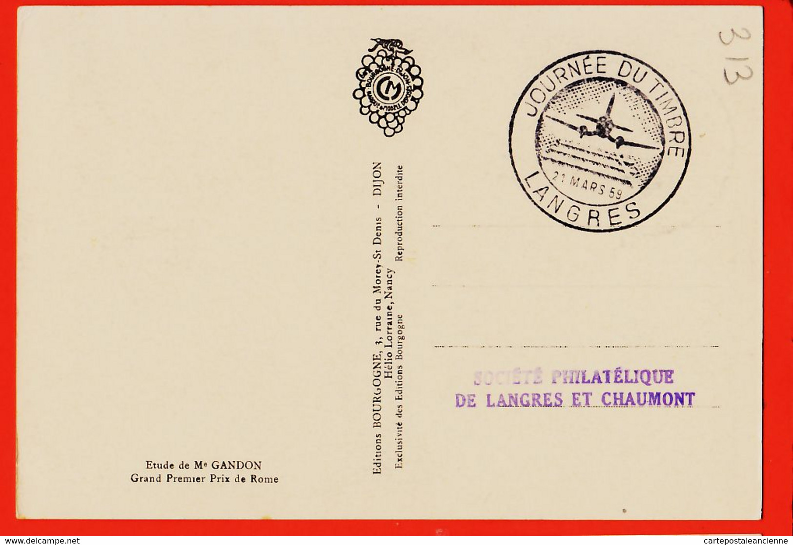 SUN144 ⭐ Carte Maximum Service Aéropostale De Nuit Journée Du Timbre LANGRES 21 Mars 1957 Etude GANDON Edit BOURGOGNE - 1950-1959