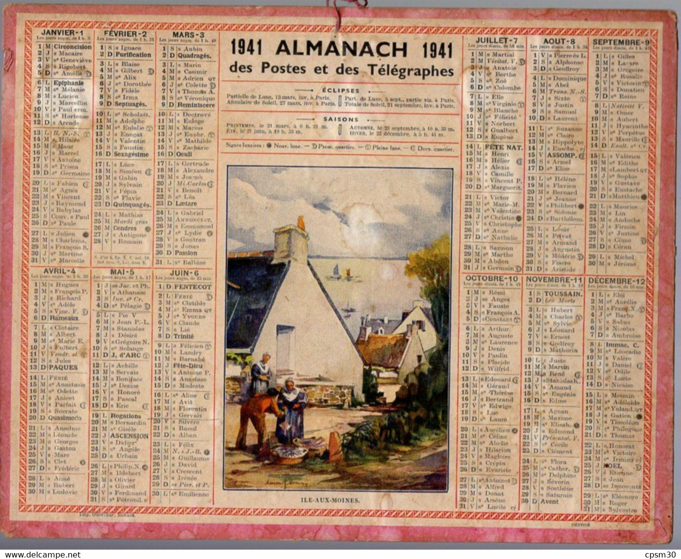 CALENDRIER GF 1941 - Ile Aux Moines, Le Village, Imprimeur Oberthur Rennes - Grand Format : 1941-60