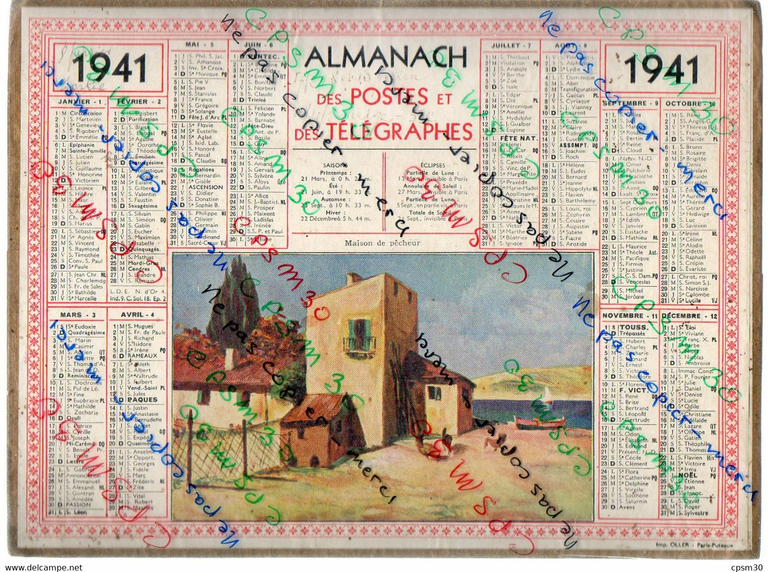 CALENDRIER GF 1941 - Maison De Pécheur, Imprimeur Oller Puteaux - Grand Format : 1941-60