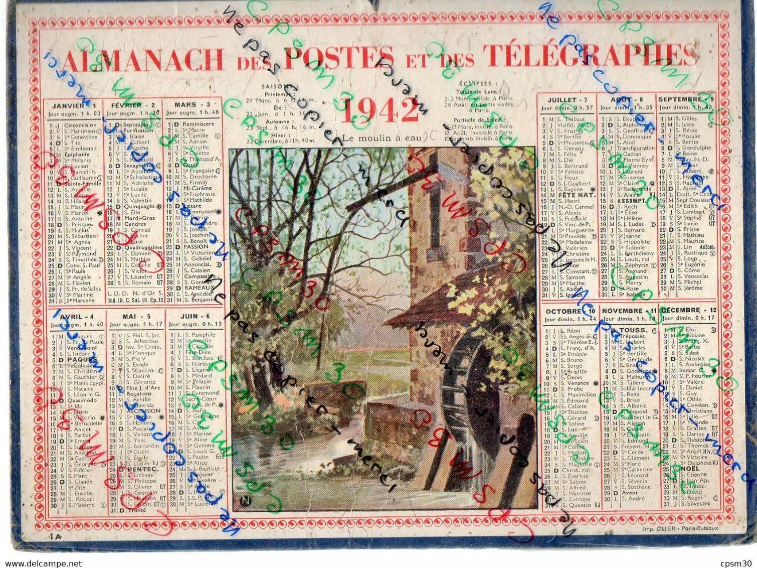 CALENDRIER GF 1942 - Le Moulin à Eau, Dessin De N, Imprimeur Oller Puteaux - Grand Format : 1941-60