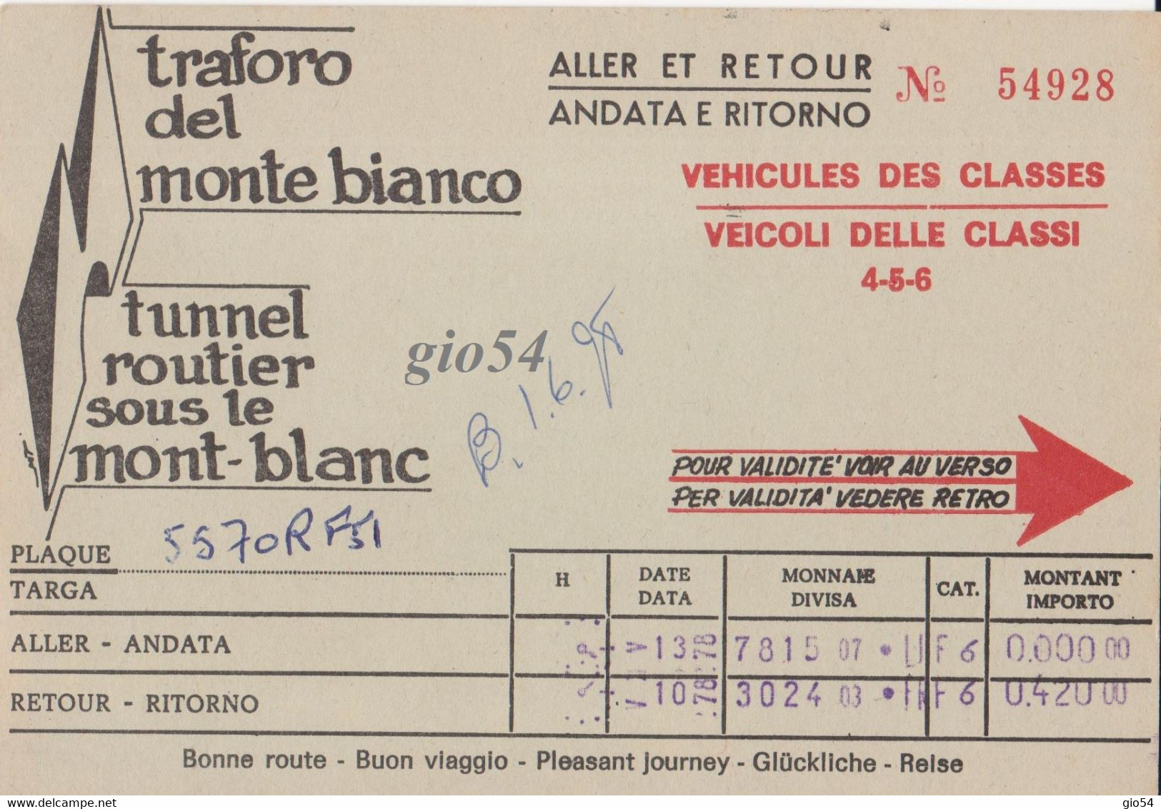 Aosta Courmayeur Traforo Monte Bianco Tunnel Routier Biglietto Andata Ritorno 1978 - Otros & Sin Clasificación