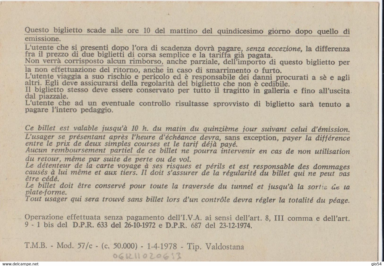 Aosta Courmayeur Traforo Monte Bianco Tunnel Routier Biglietto Andata Ritorno 1978 - Otros & Sin Clasificación