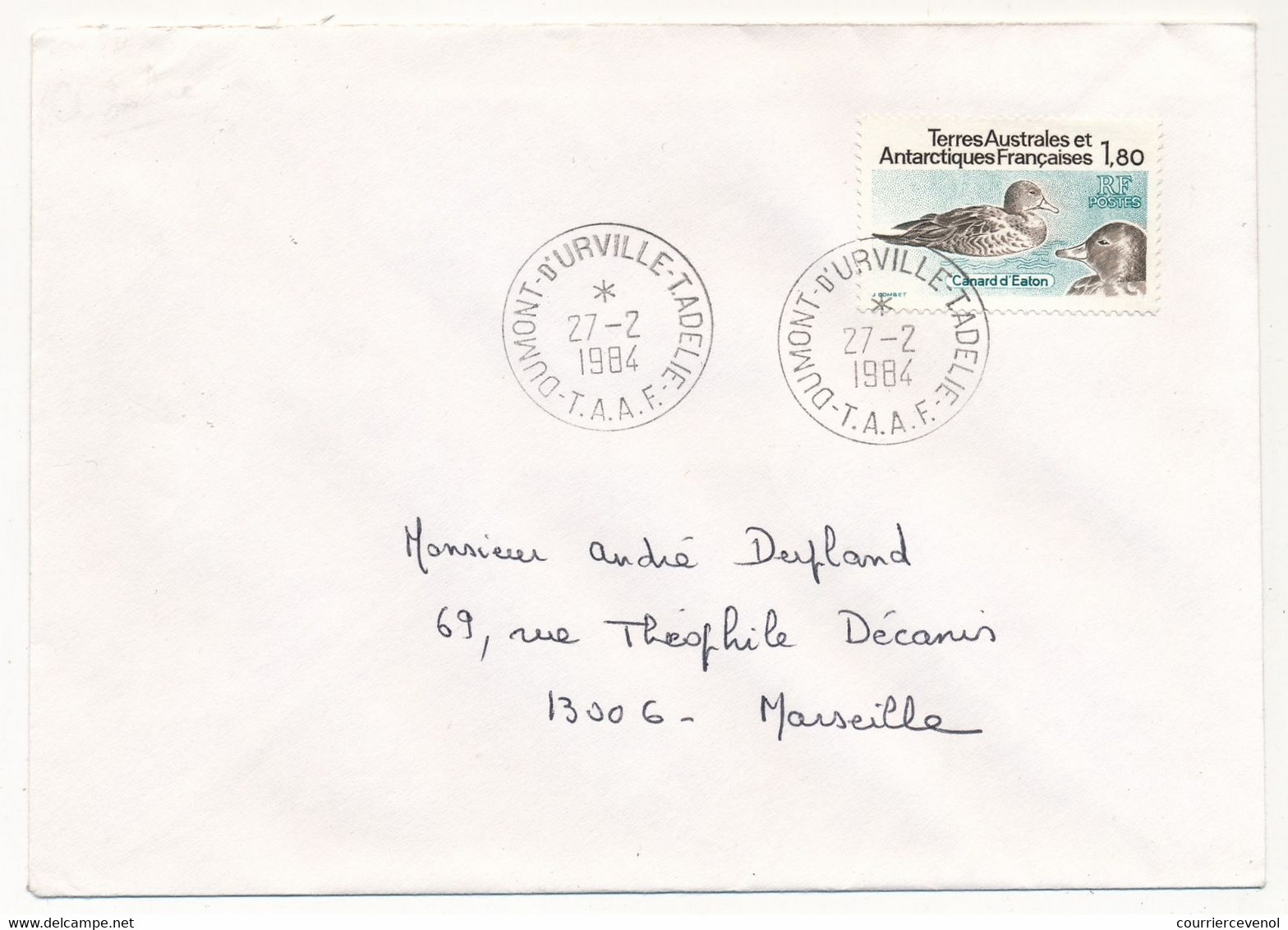 TAAF - Env. Aff 1,80 Canard D'Eston - Obl Dumont D'Urville T. Adélie - T.A.A.F. - 27/02/1984 - Lettres & Documents