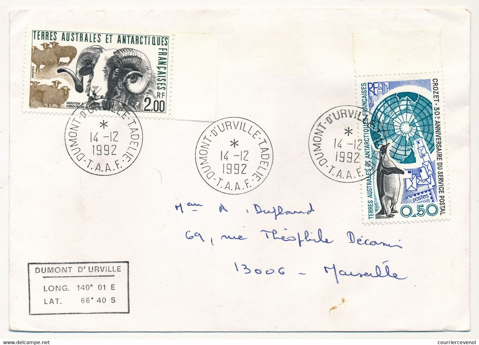 TAAF - Env. Aff 2,00 Mouflon + 0,50 Anniversaire Service Postal - Obl Dumont D'Urville T. Adélie - T.A.A.F. - 14/12/1992 - Cartas & Documentos