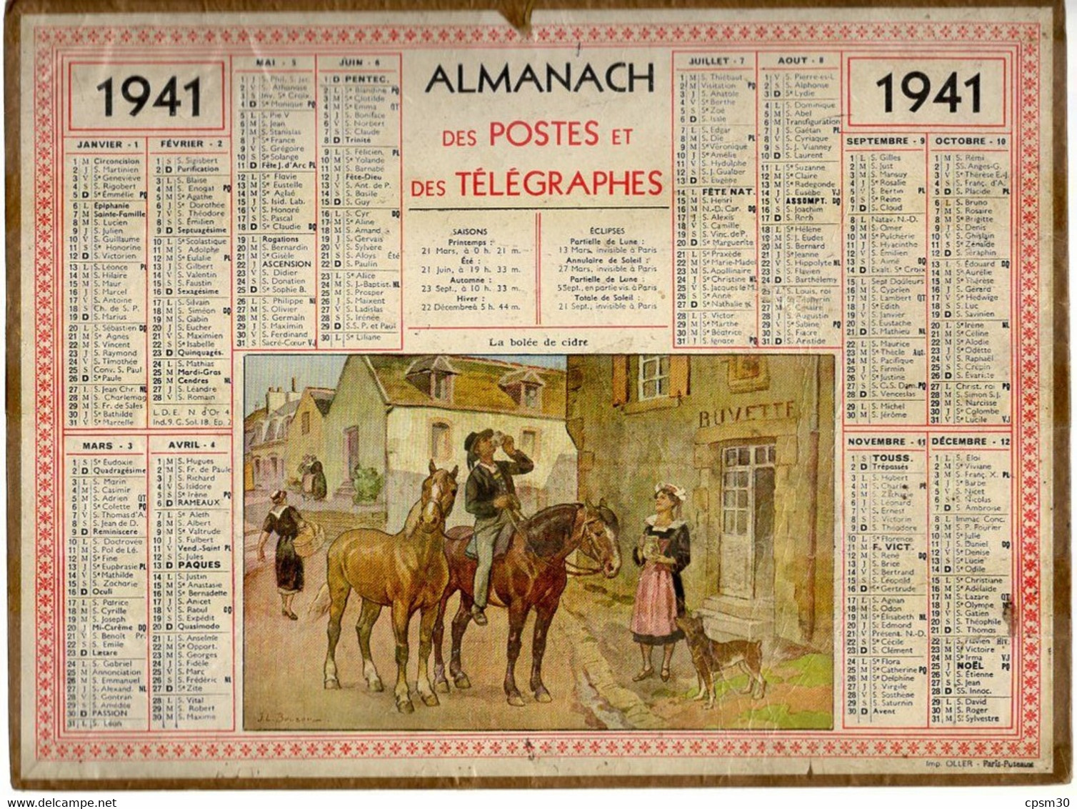 CALENDRIER GF 1941 - La Bolée De Cidre, Dessin De J.L. Bouzon, Imprimeur Oller Puteaux - Grand Format : 1941-60