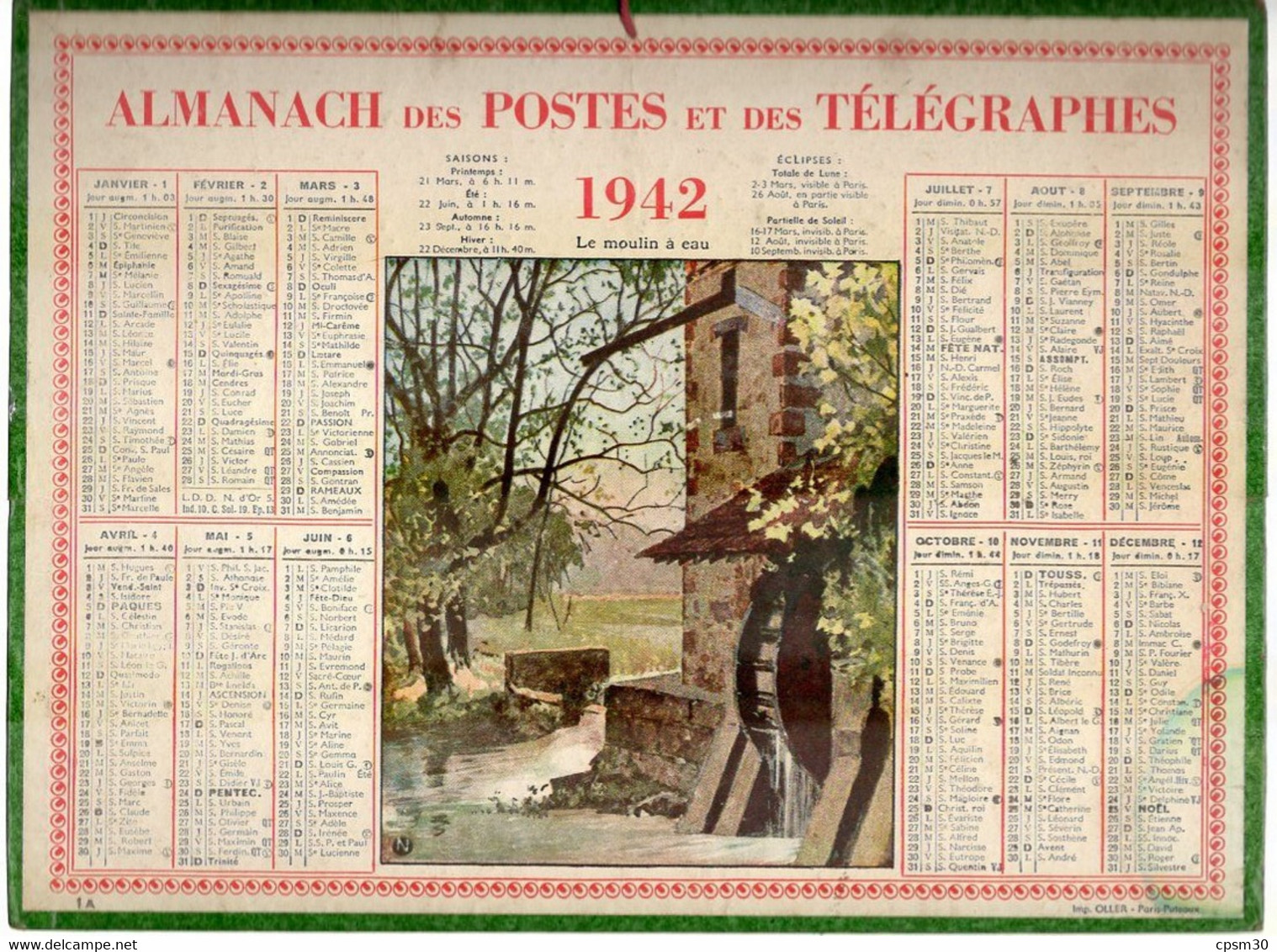 CALENDRIER GF 1942 - Le Moulin à Eau, Dessin De N, Imprimeur Oller Puteaux - Grand Format : 1941-60