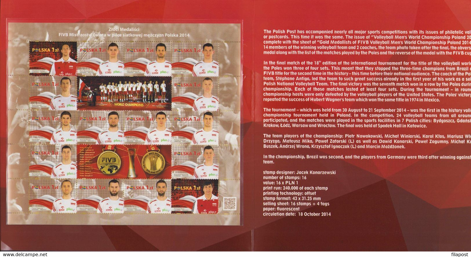 POLAND Booklet 2014.10.18 Gold Medallists Of FIVB Volleyball Men's World Championships, Sport / Full Sheet MNH**FV - Booklets