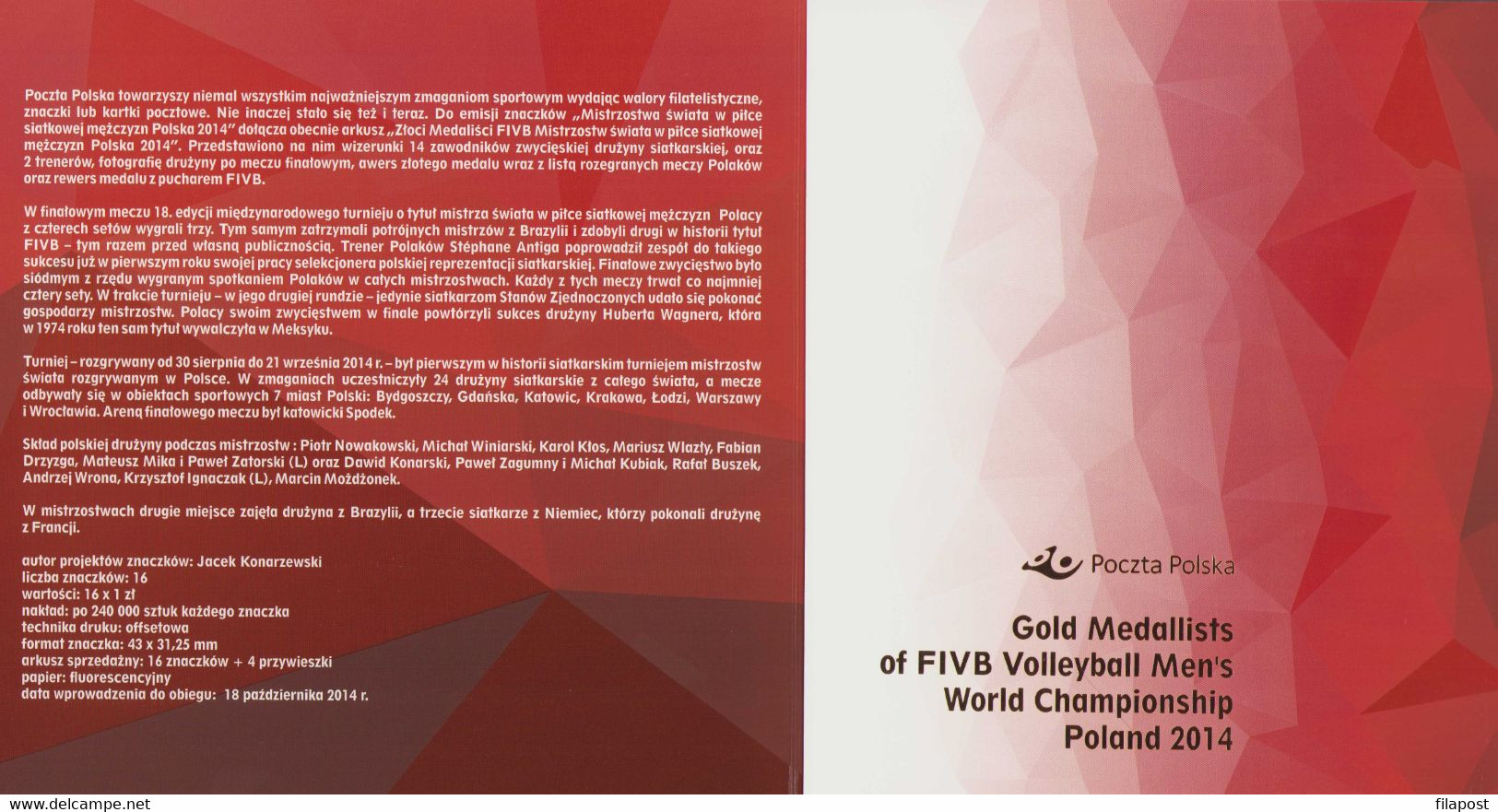 POLAND Booklet 2014.10.18 Gold Medallists Of FIVB Volleyball Men's World Championships, Sport / Full Sheet MNH**FV - Carnets