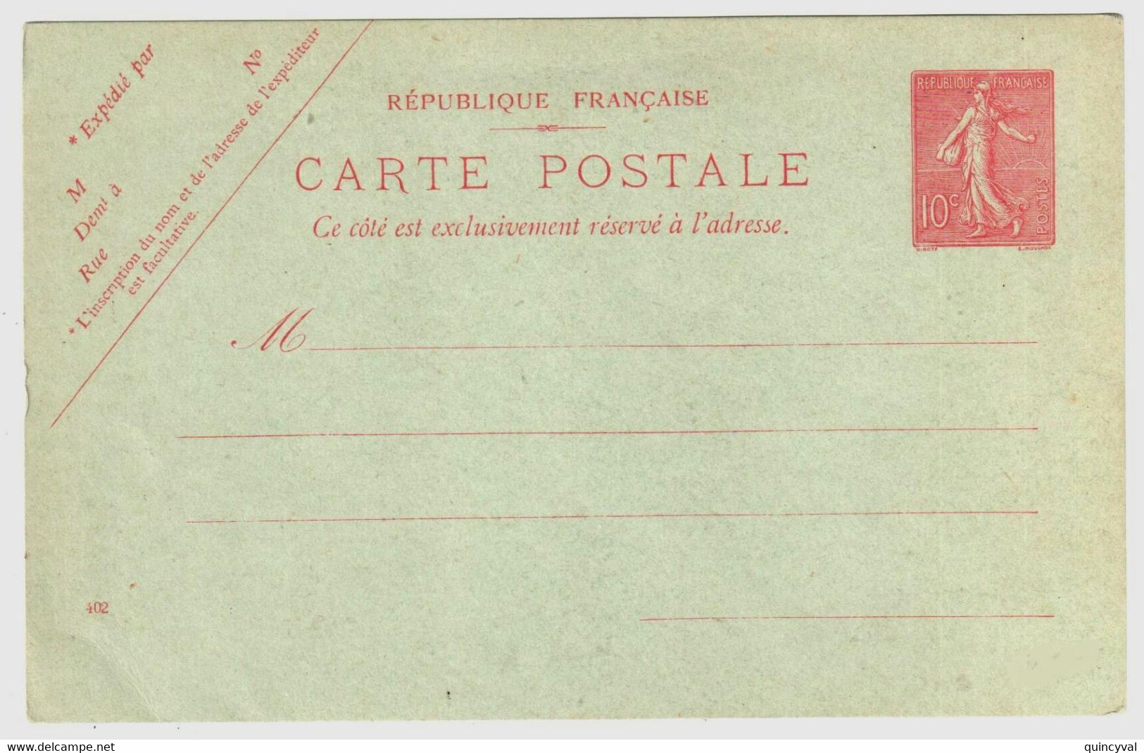 Carte Postale Entier Neuf 10 C Semeuse Lignée Rose Sur Vert Yv 129-CP1 Storch A1 Date 402 - Standard- Und TSC-AK (vor 1995)
