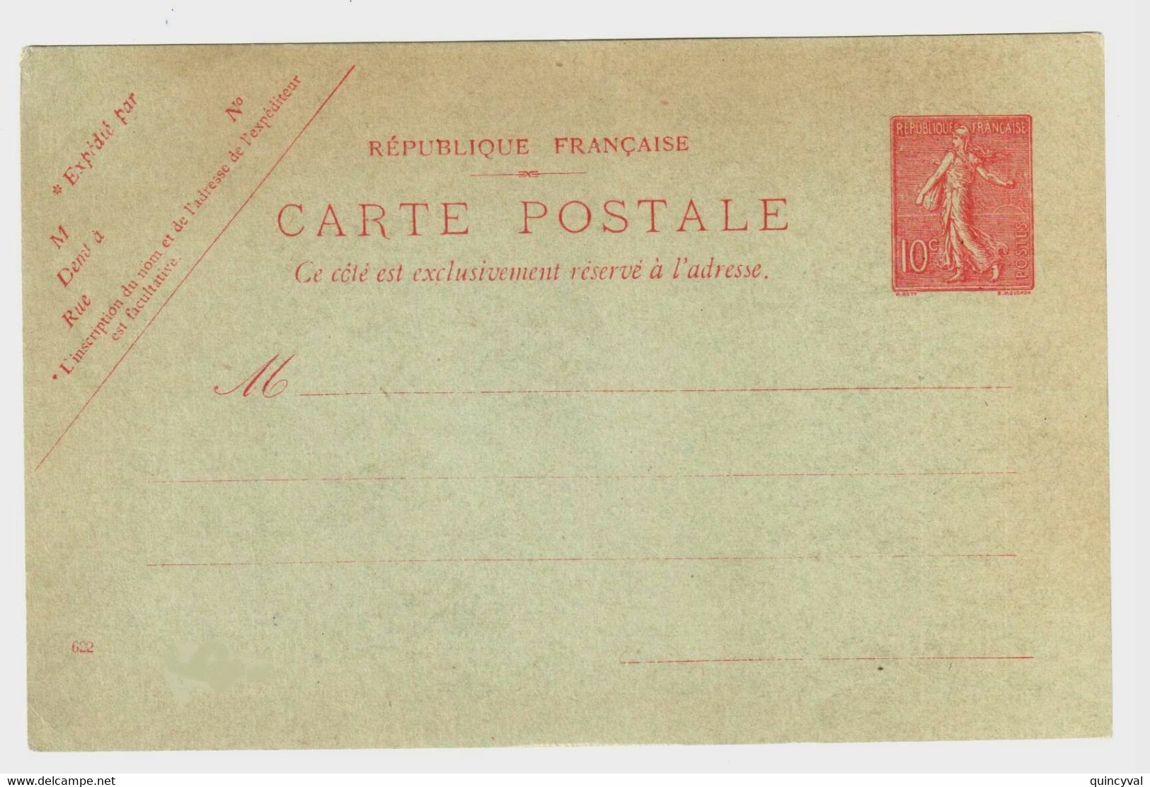 Carte Postale Entier Neuf 10 C Semeuse Lignée Rose Sur Vert Yv 129-CP1 Storch A1 Date 622 - Cartes Postales Types Et TSC (avant 1995)