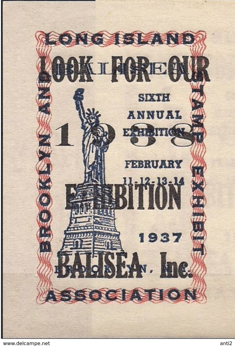 USA 1937  Long Island - Bloc For Balisea 6 Annual Stamp Exhibition, February 1937  With Overprint   Look For 1938 Exhibi - Souvenirkaarten