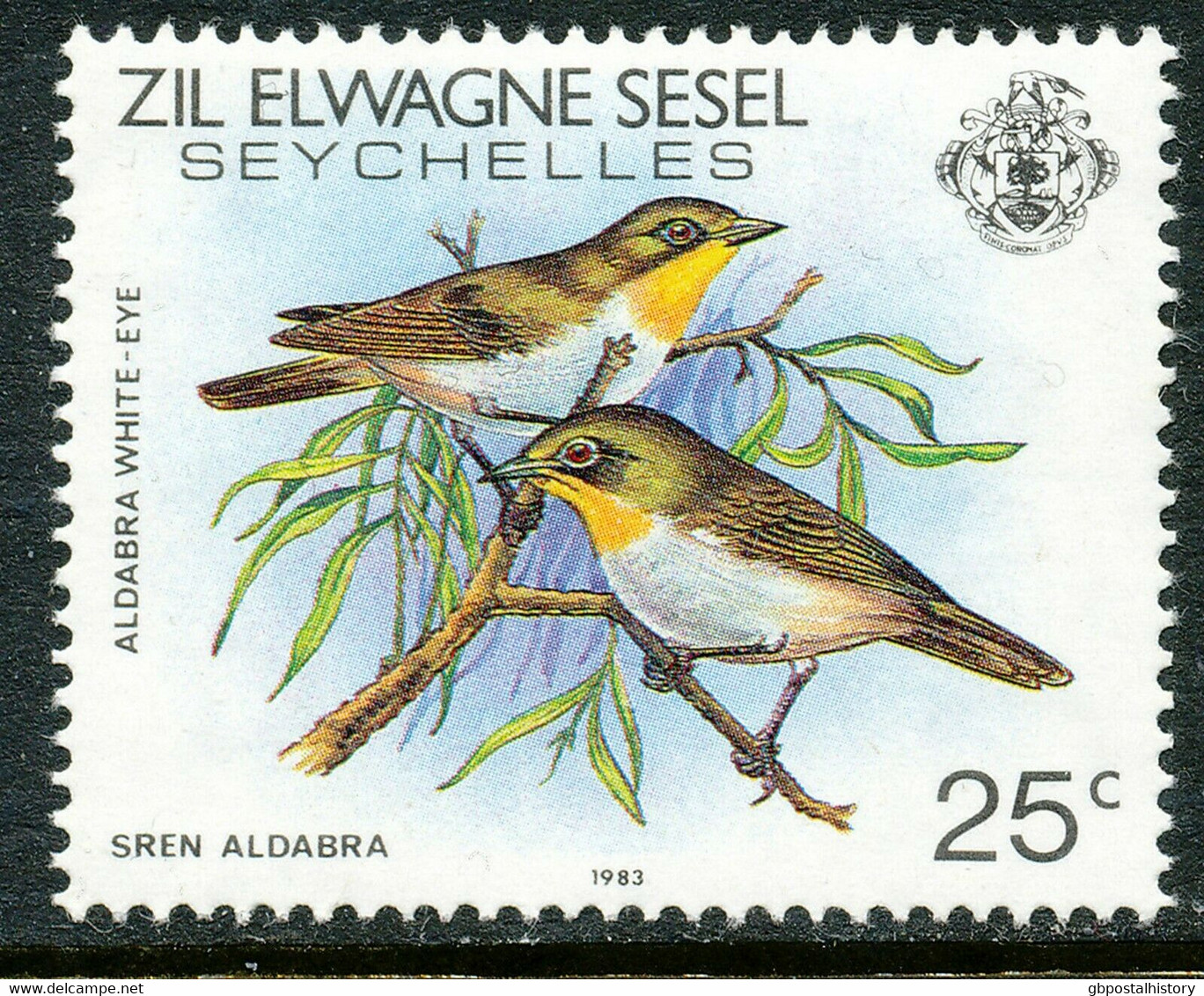 ÄUSSERE SEYCHELLEN 1983 Vögel 25 C Mehrfarbig, Albabra-Brillenvogel Postfrisch - Seychelles (1976-...)