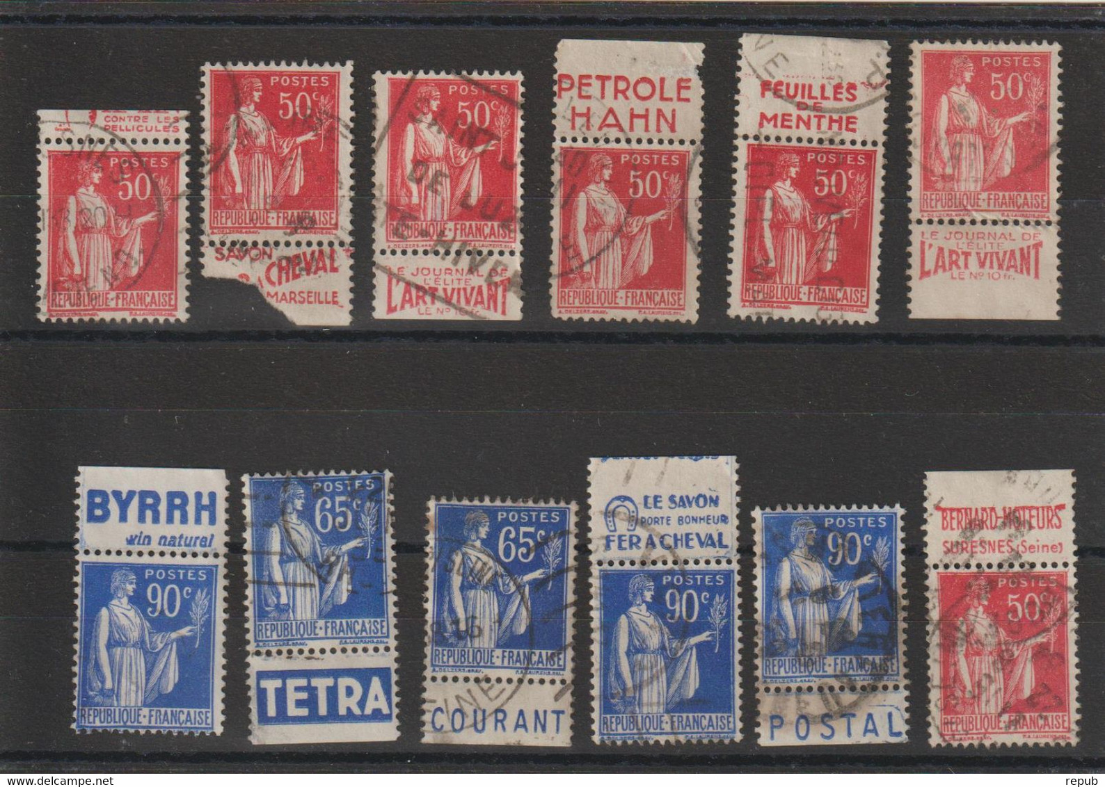 France 283, 365 Et 368 Lot De 12 Timbres Oblit. Avec Bandes Pub - Autres & Non Classés