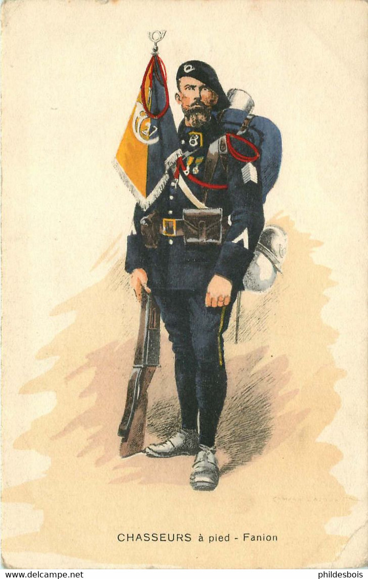 MILITAIRE UNIFORME  Chasseur A Pied Fanion    Illustrateur Edmond LAJOUX - Uniforms