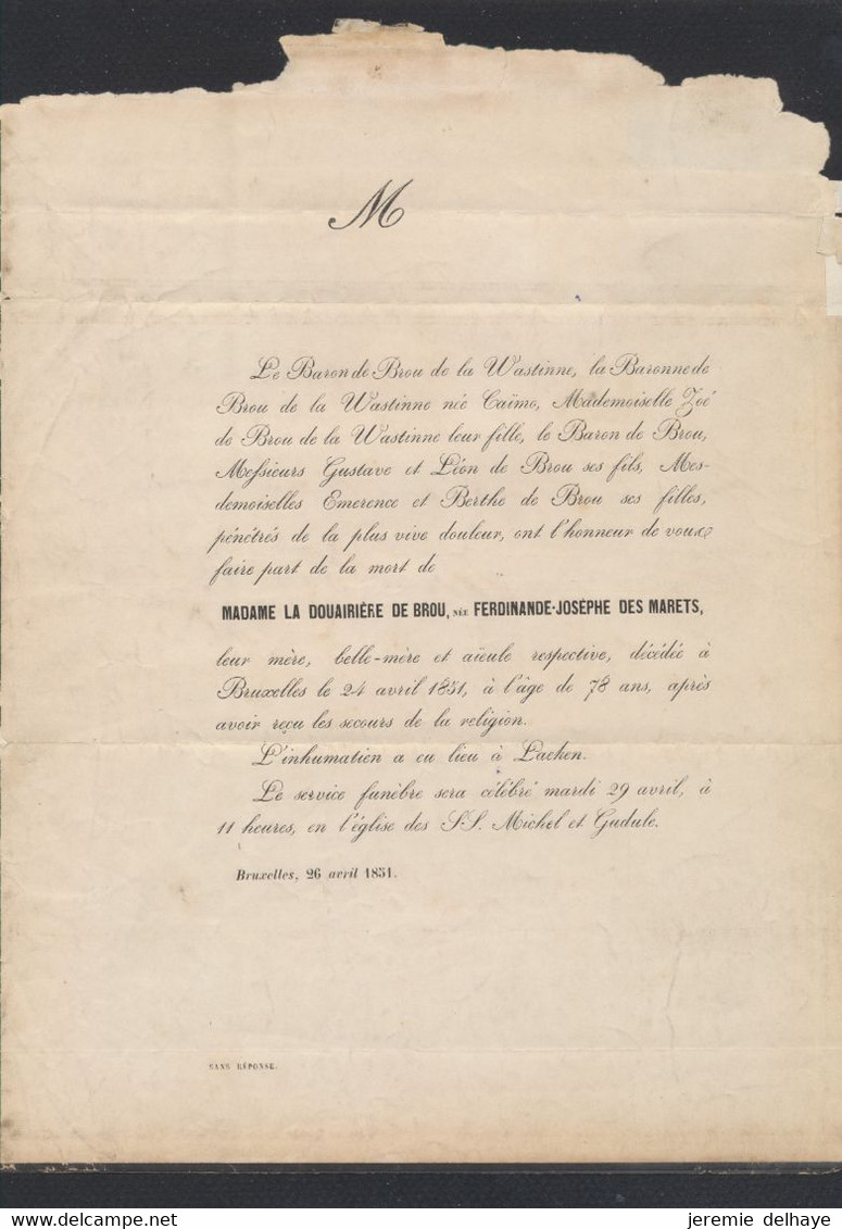 L. Imprimée : M.(et Mme) Baron De Brou De La Wastinne Annonce Le Décès De Mme La Douairière De Brou (Bruxelles 1851) - Correo Rural