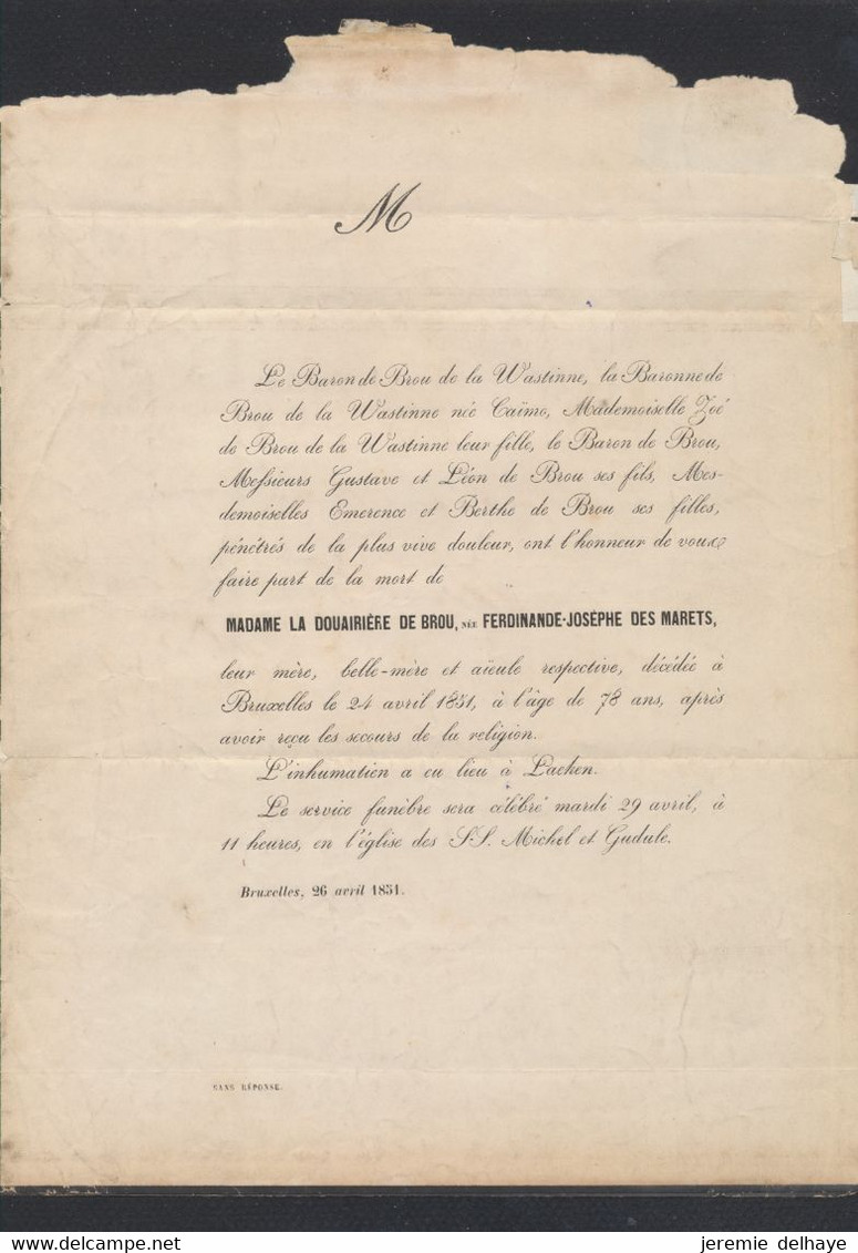 L. Imprimée : M.(et Mme) Baron De Brou De La Wastinne Annonce Le Décès De Mme La Douairière De Brou (Bruxelles 1851) - Rural Post