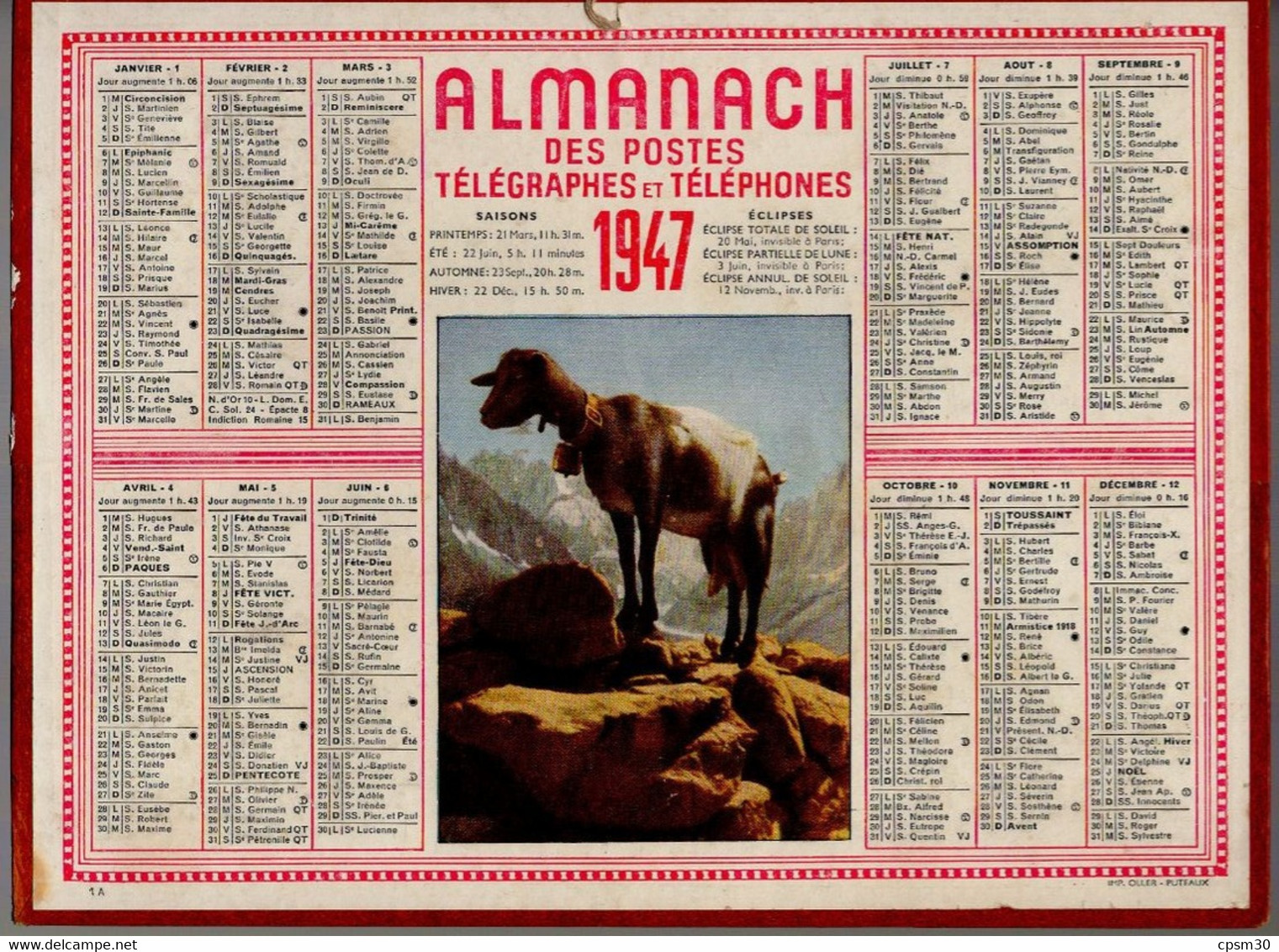 CALENDRIER GF 1947 - Chèvre Dans Les Montagnes, Imprimeur Oller Puteaux - Grand Format : 1941-60