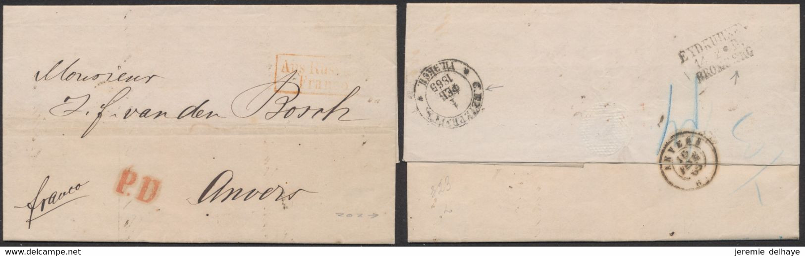 LAC Non Affranchie Datée De St-Petersbourg 31/12/1865 + Encadré Rouge "Aus Russland / Franco" > Anvers (Belgique) - Briefe U. Dokumente