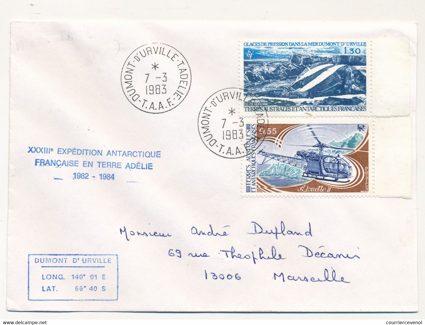 TAAF - Env. Aff 0,65 Alouette II + 1,30 Glaces De Pression - Obl Dumont D'Urville T. Adélie TAAF - 7/3/1983 + Expédition - Cartas & Documentos