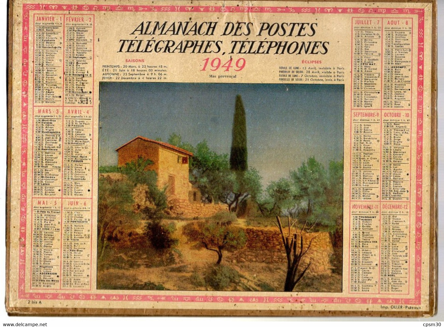 CALENDRIER GF 1949 - Le Mas Provençal, Imprimeur Oller Puteaux - Grand Format : 1941-60