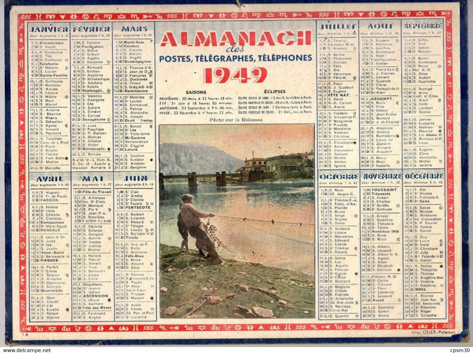 CALENDRIER GF 1949 - Pèche Sur La Bidassoa, Imprimeur Oller Puteaux - Grand Format : 1941-60