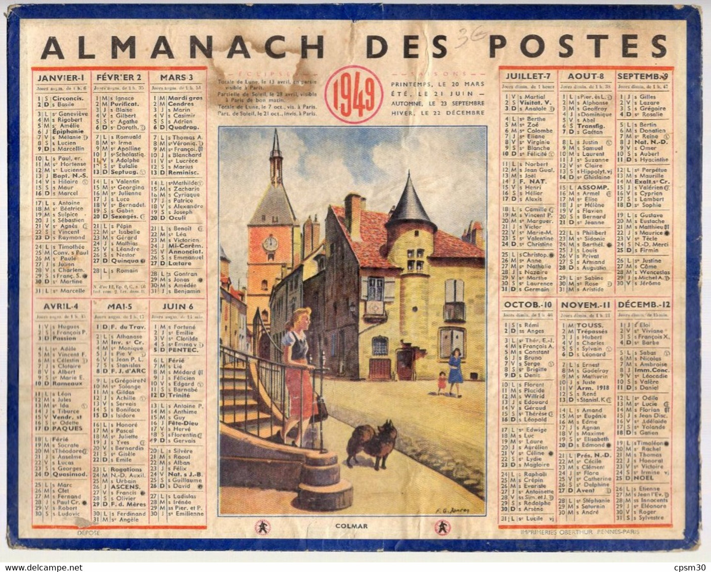 CALENDRIER GF 1949 - Place De Colmar (madame Et Le Chien), Imprimeur Oberthur Rennes - Grand Format : 1941-60