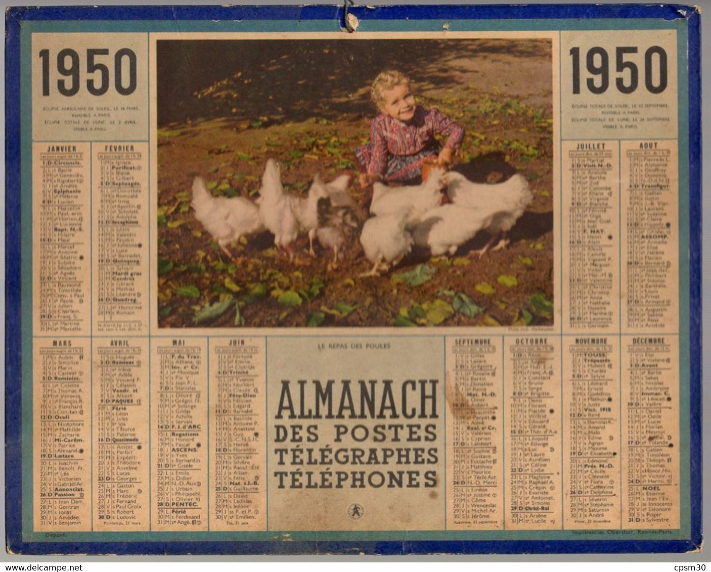 CALENDRIER GF 1950 - Le Repas Des Poules (et L'enfant), Imprimeur Oberthur Rennes - Grand Format : 1941-60