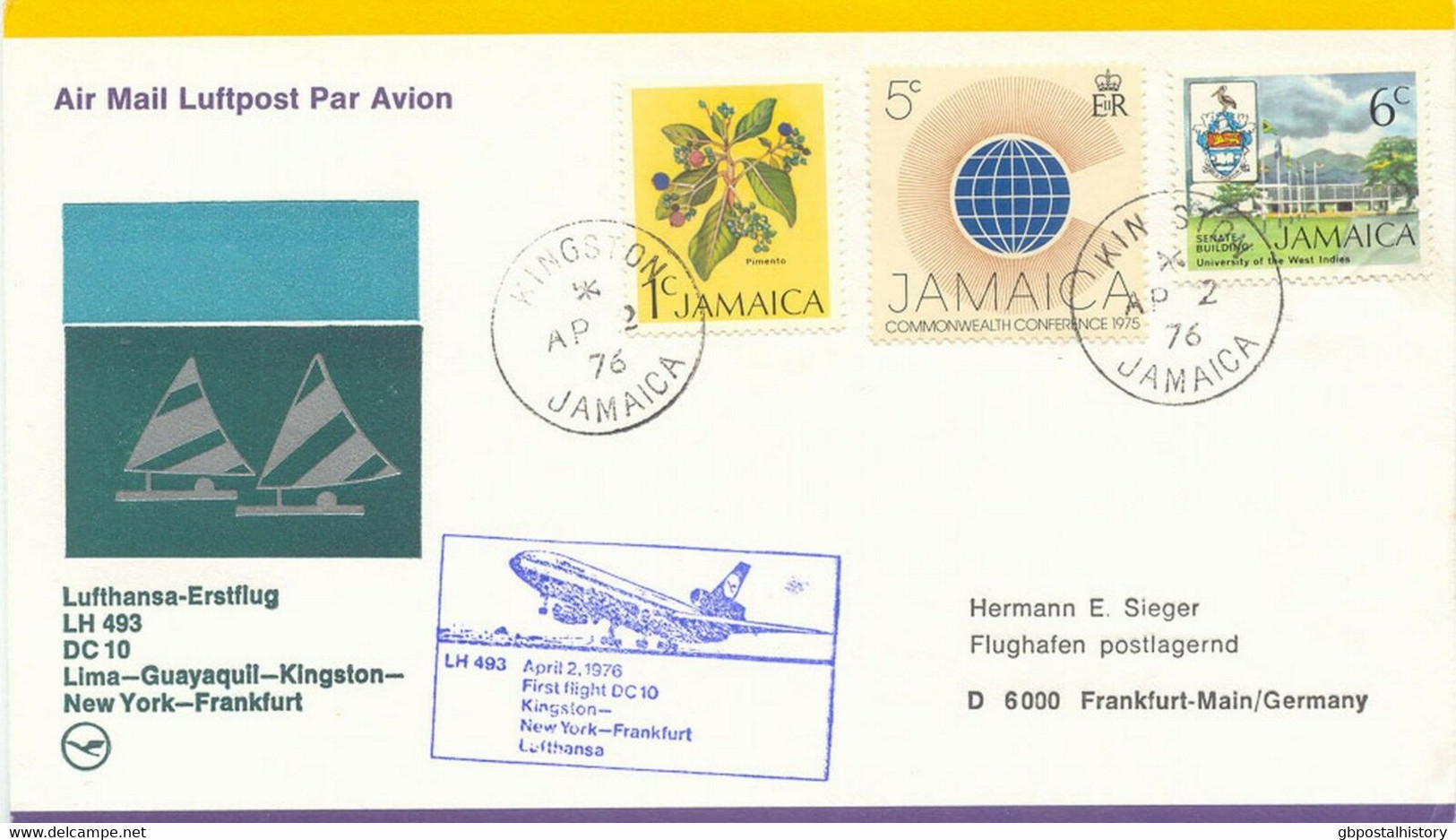 JAMAICA 1976 First Flight Of Lufthansa W DC 10 "KINGSTON - NEW YORK - FRANKFORT" - Jamaica (1962-...)