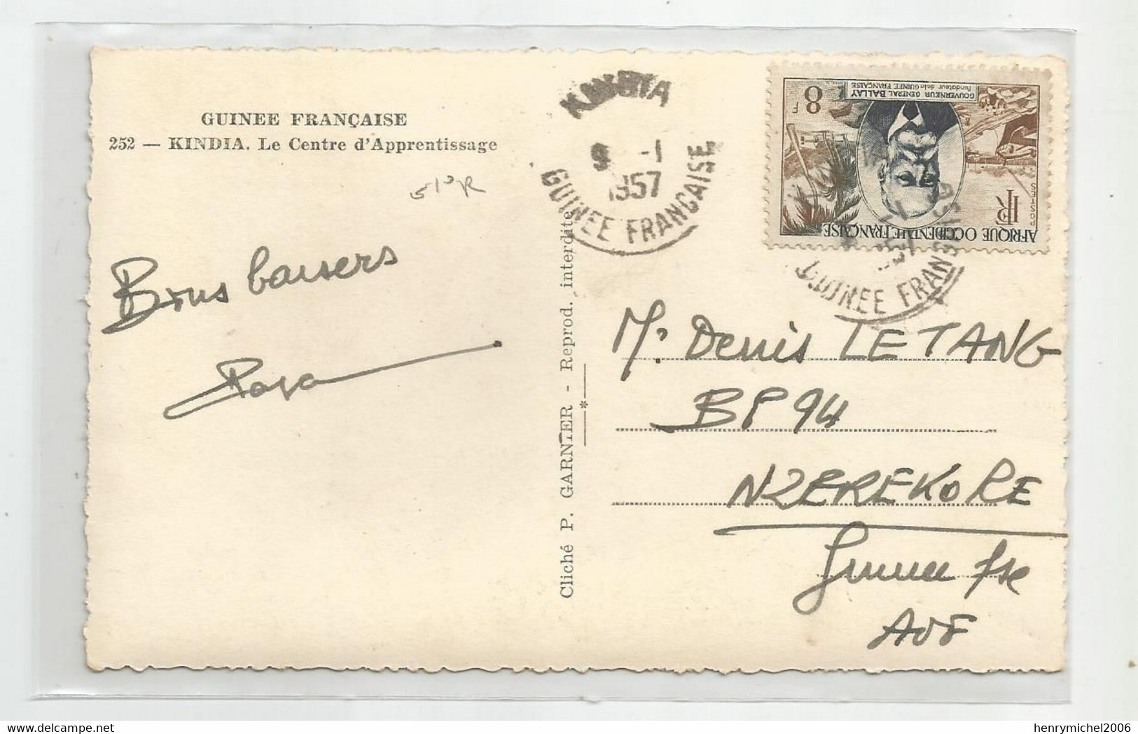 Afrique Guinée Française Kindia Le Centre D'apprentissage  Cachet 1957 Pour Aof - Guinea Francesa