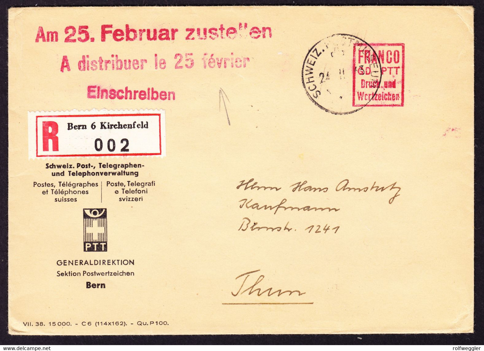 1943 R-Brief Der Generaldirektion Der Schweizer Post Nach Thun. - Timbres D'automates