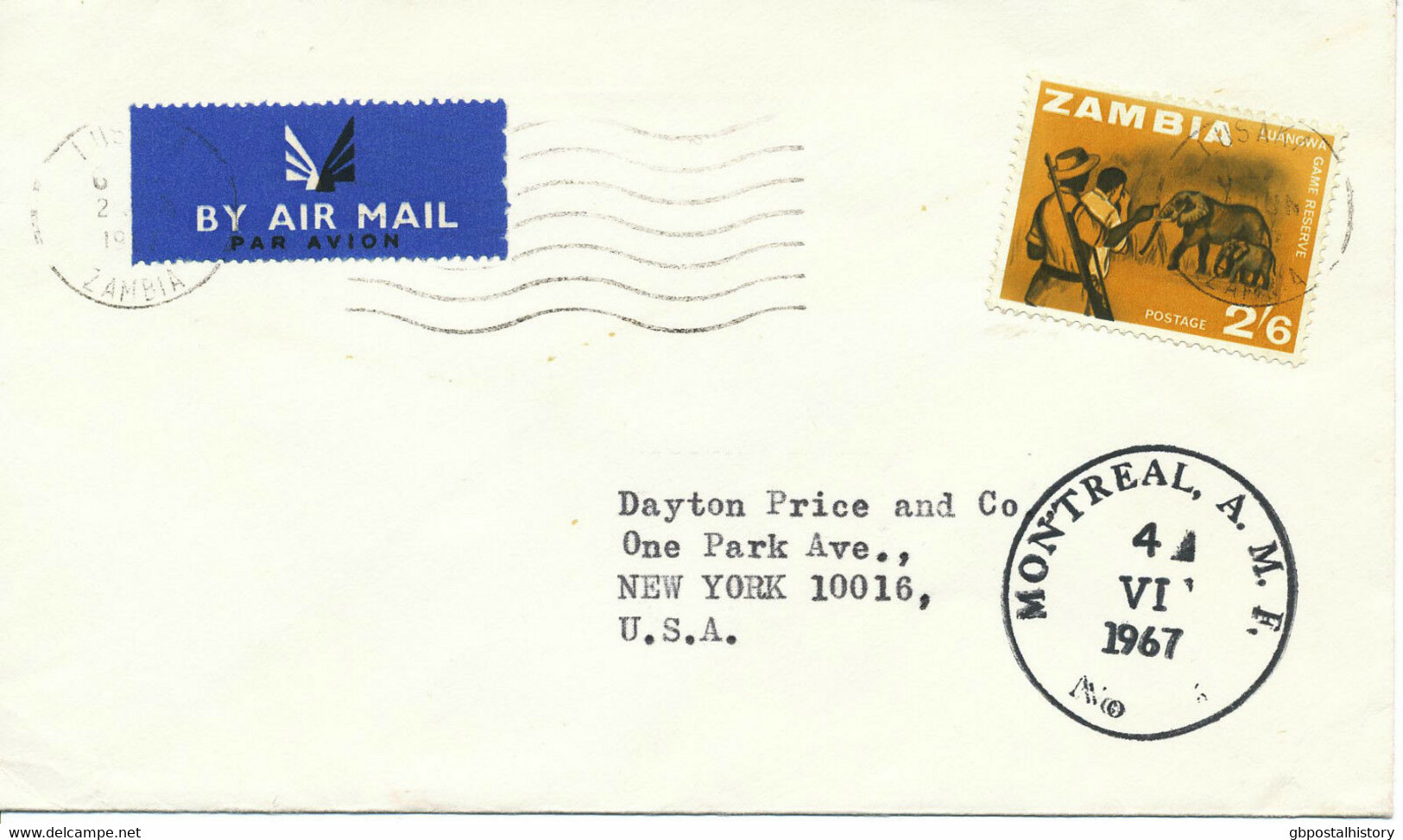 ZAMBIA 1967 Elephants 2 Sh. 6 P. Superb Cover MISSENT Via MONTREAL To USA - Postal History