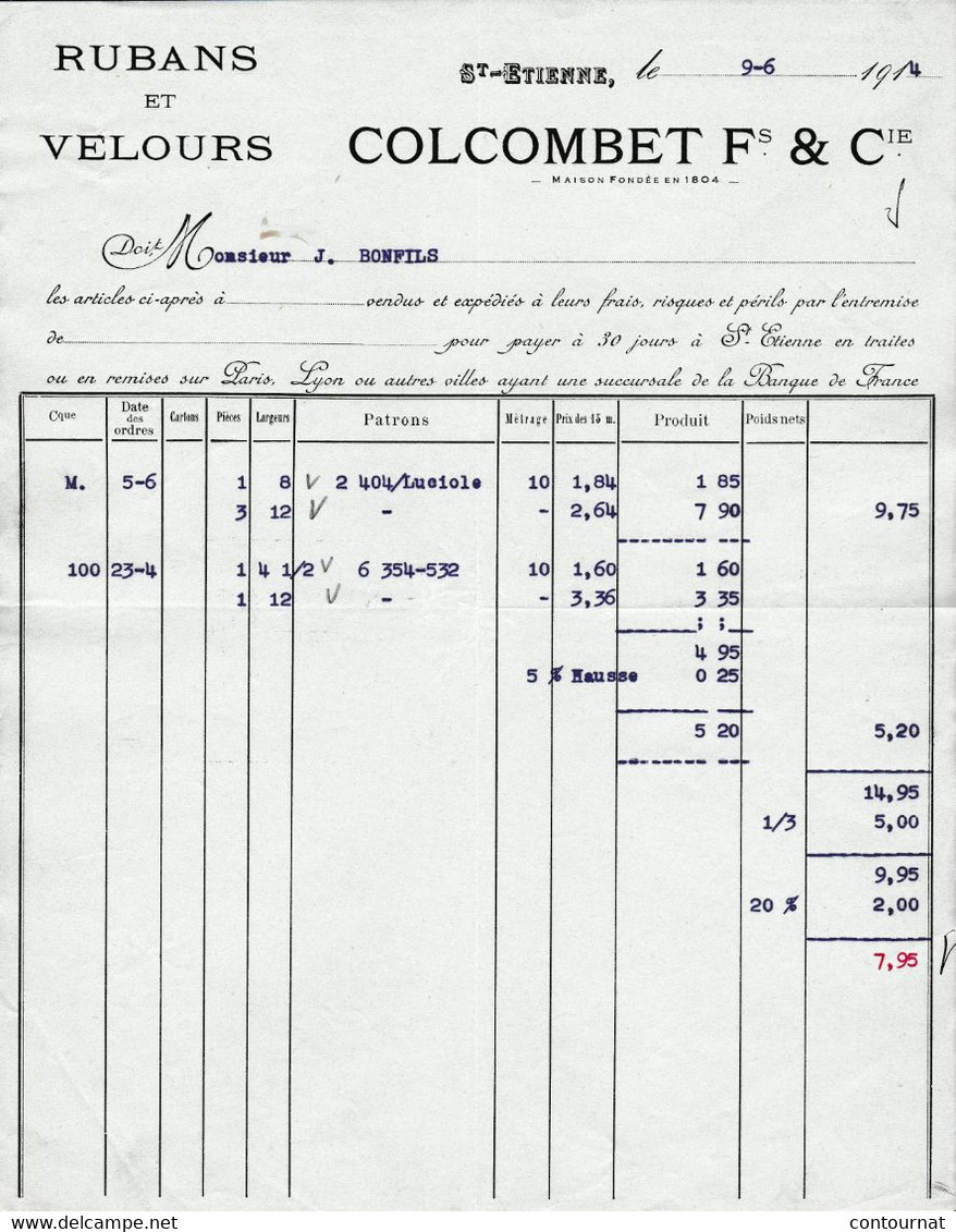 42 SAINT ETIENNE St  FACTURE 1914 Rubans & Velours  COLCOMBET   X122 Loire - 1900 – 1949