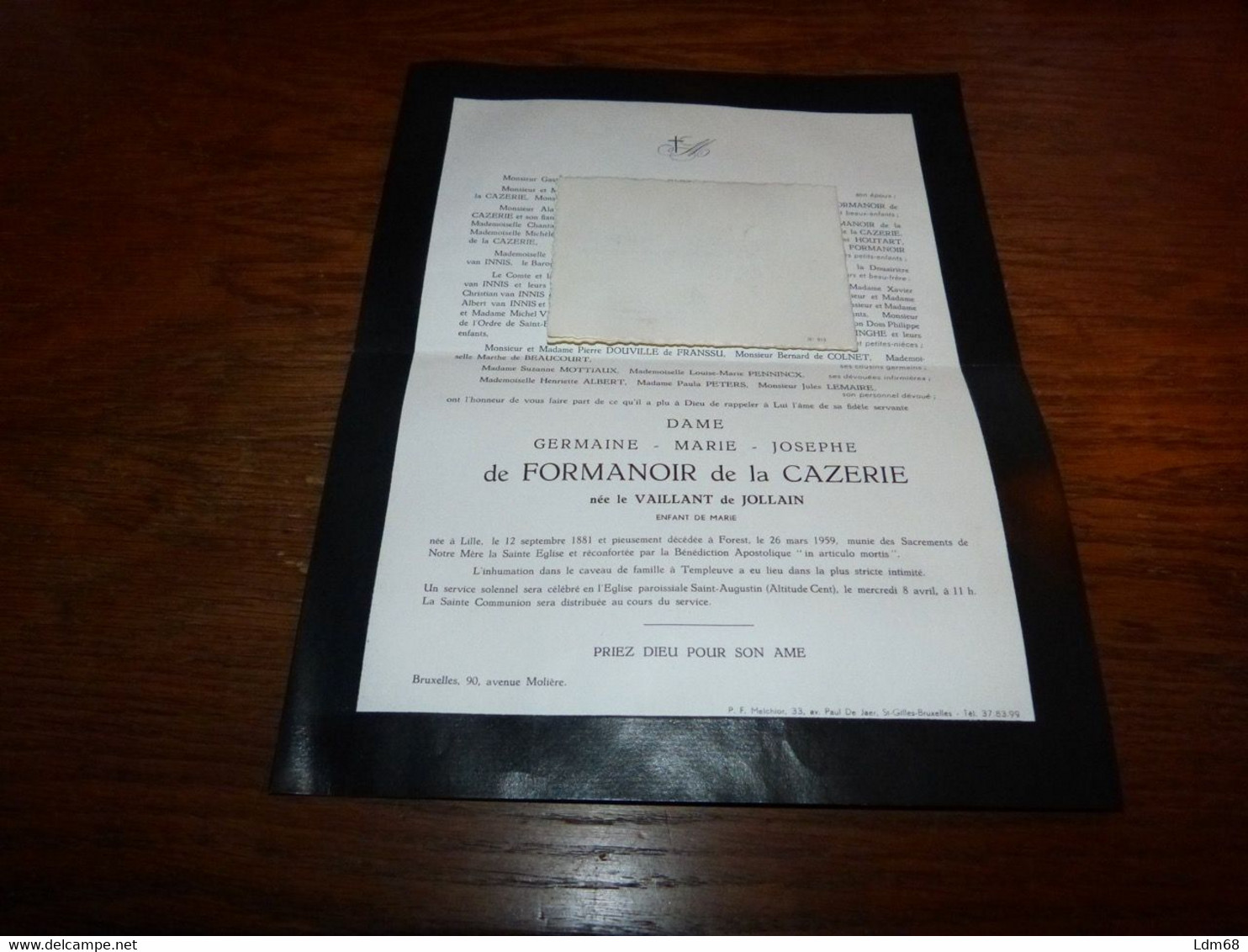 Lettre De Mort Germaine Le Vaillant De Jollain De Formanoir De La Cazerie Lille 1881 Forest 1959Templeuve - Obituary Notices