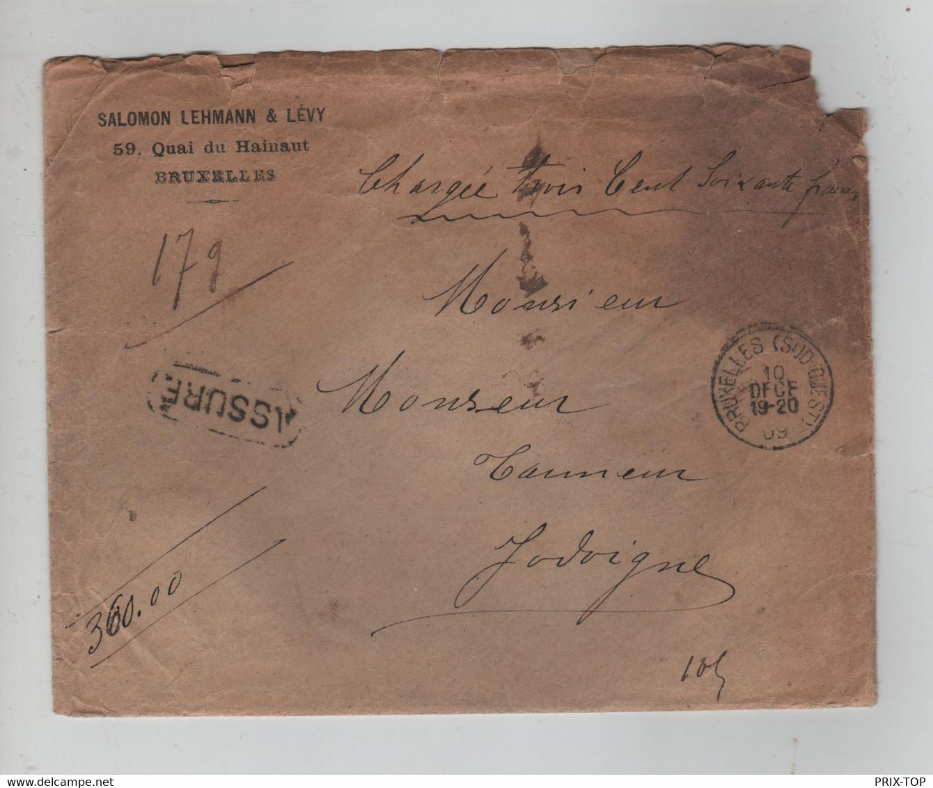 REF3625/ TP 74-77 S/L.Assurée De 360 Frs Judaica Salomon Lehmann & Lévy C.BXL (Sud Ouest) 1909 > Jodoigne C.d'arrivée - 1905 Grosse Barbe