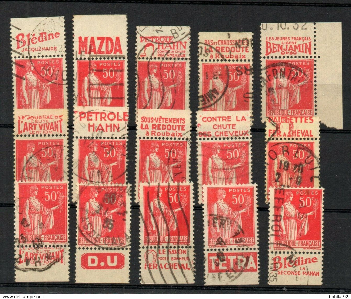 !!! 50C TYPE PAIX ROUGE : LOT DE 15 TIMBRES PUBS OBLITERES TOUS DIFFERENTS - Used Stamps