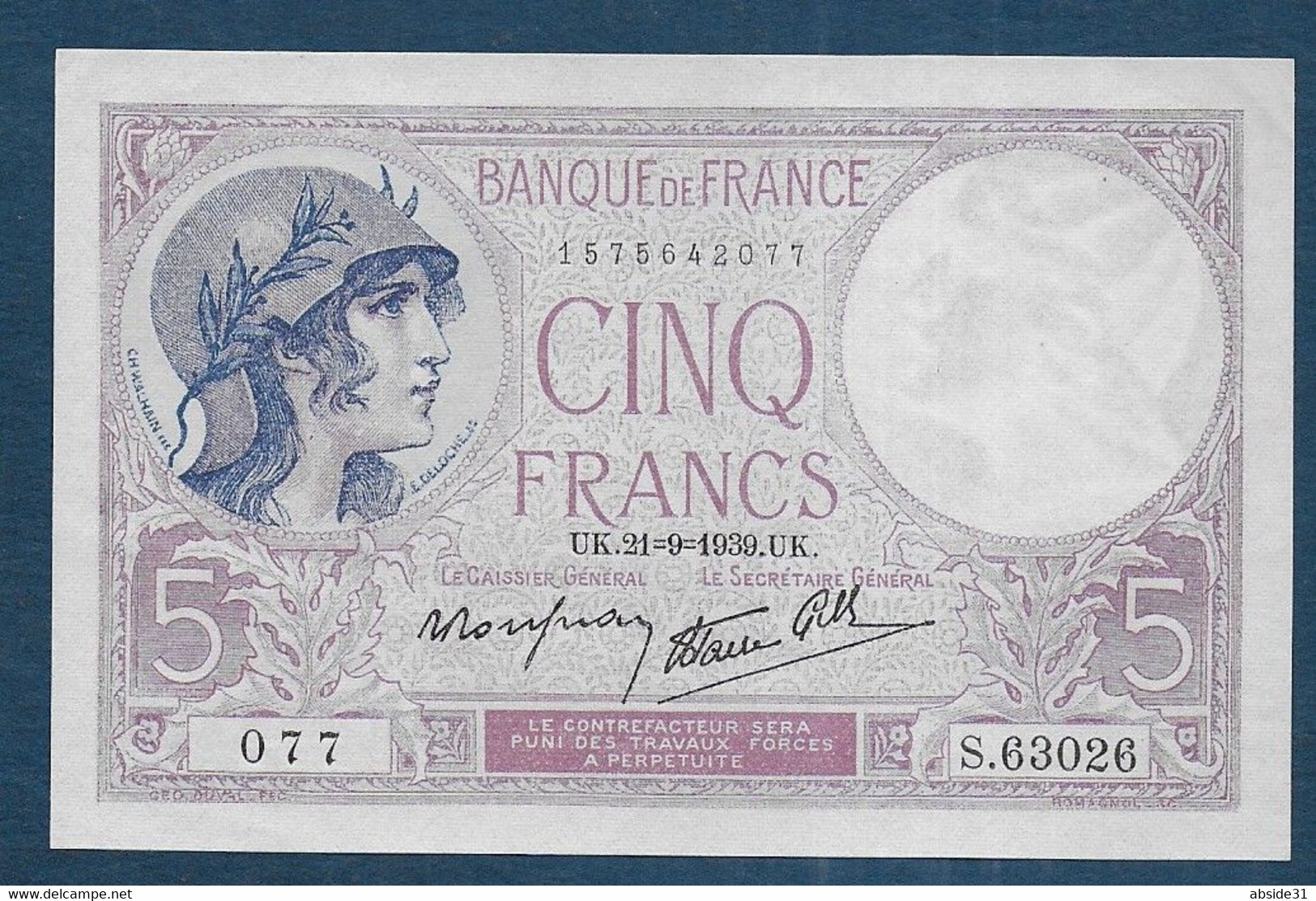 5 Francs " Violet " - 21 - 9 - 1939 - - 5 F 1917-1940 ''Violet''