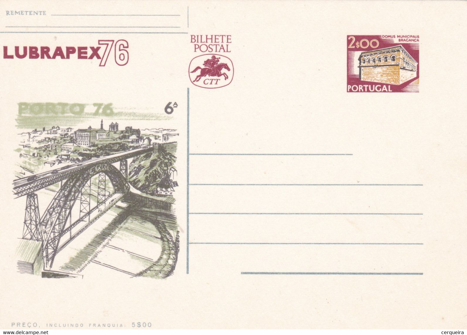 PORTUGAL - BILHETE POSTAL - INTEIRE STATIONERY-LUBRAPEX 76-PORTO - Interi Postali