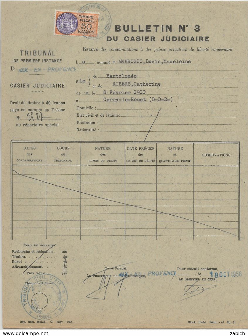 FISCAUX DE MONACO SERIE UNIFIEE  De 1949 N°12 50F  Orange - Fiscale Zegels