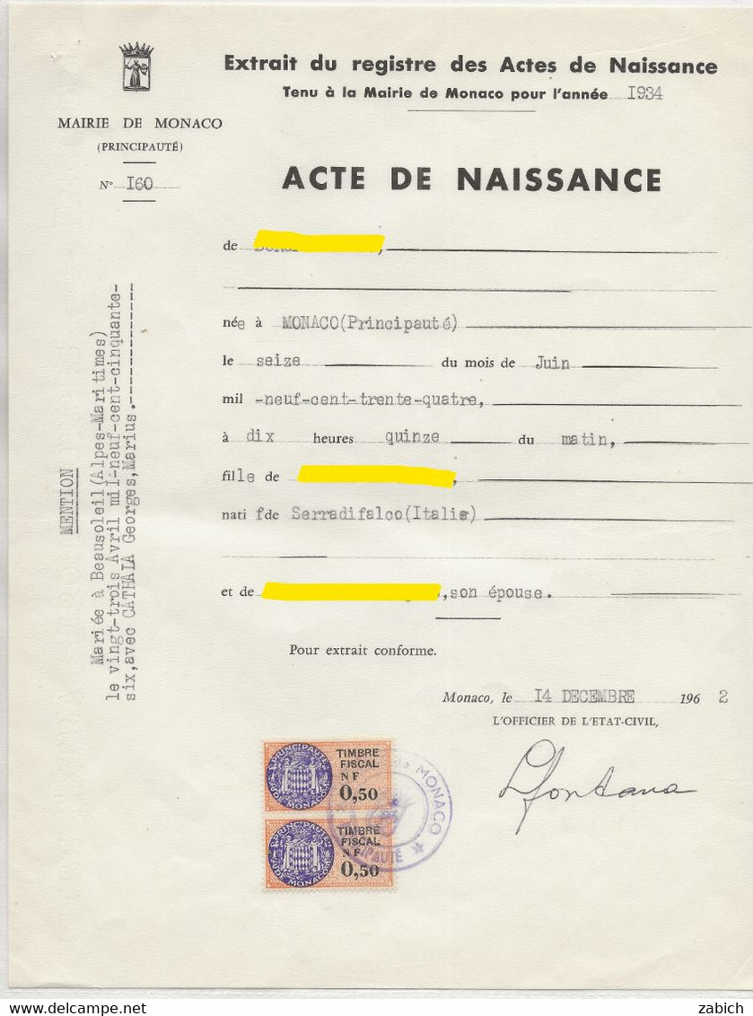 FISCAUX DE MONACO SERIE UNIFIEE  De 1960  N°31  0,50 NF Orange  2 Exemplaires  14 12 1962 - Revenue