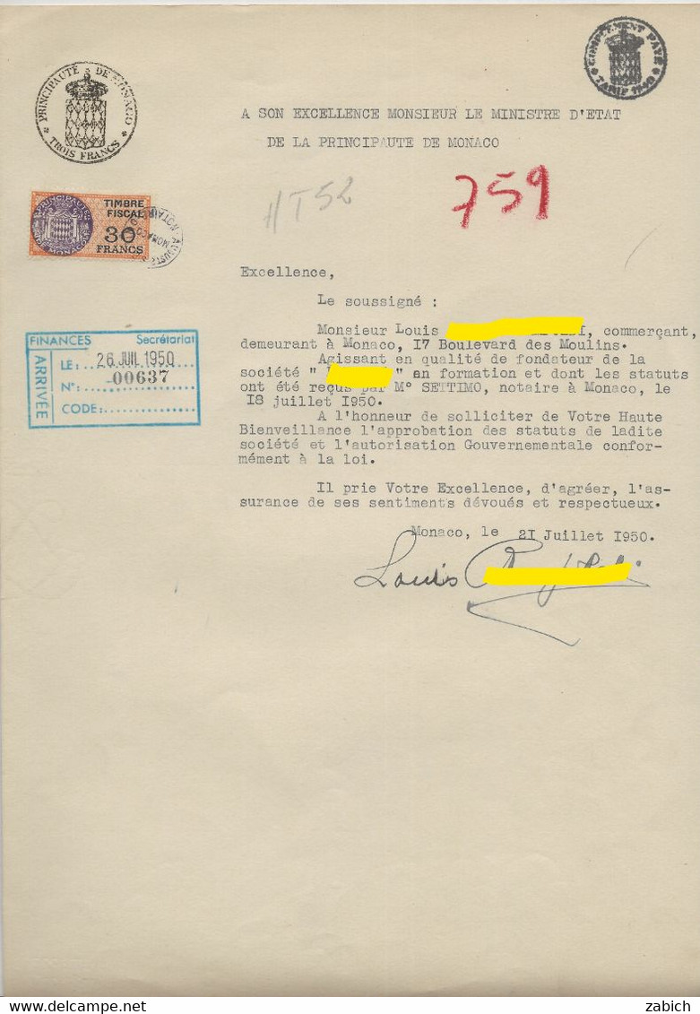 FISCAUX DE MONACO PAPIER TIMBRE à 3 Francs  "blason"  Sur Document De 1950 En Complément  Série Unifiée N°9  30F Orange - Revenue