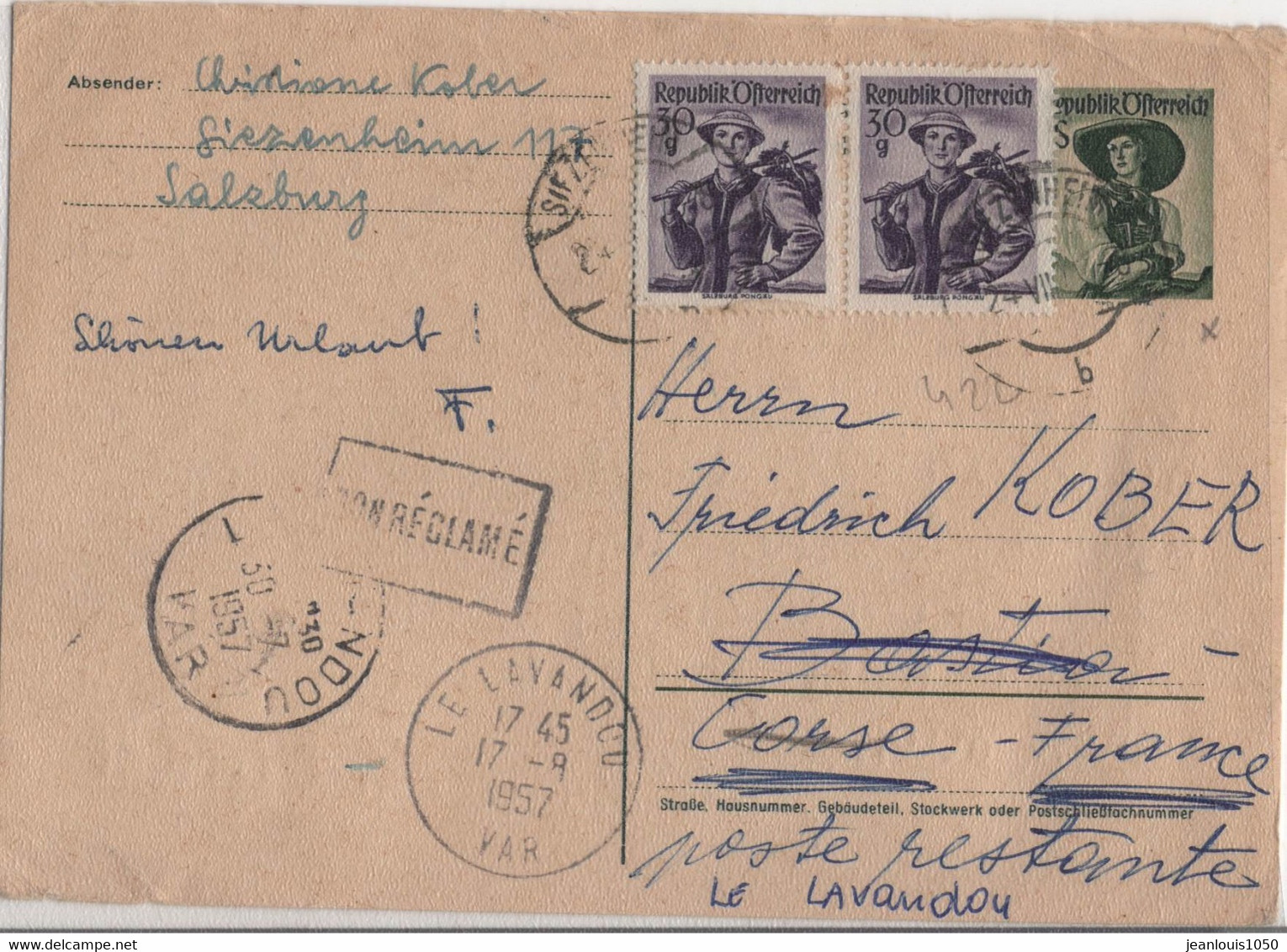 AUTRICHE ENTIER POSTAL CARTE AVEC COMPLEMENT OBLITERE DEVSIEZENHEIM POUR LA CORSE - Autres & Non Classés