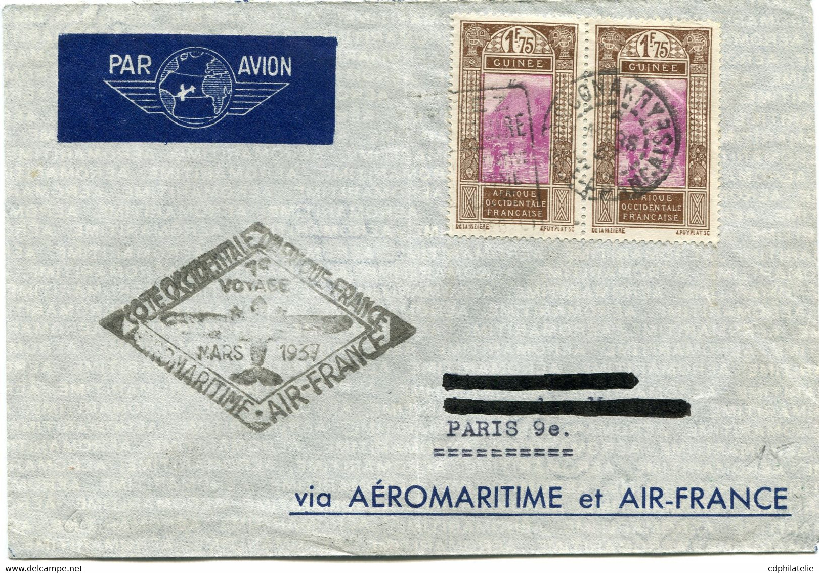 GUINEE FRANCAISE LETTRE PAR AVION VIA AEROMARITIME ET AIR-FRANCE DAPART CONAKRY 6 MARS 37 GUINEE-FRANCAISE POUR LA...... - Lettres & Documents