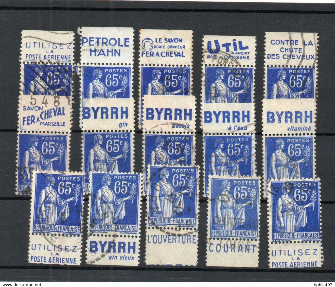 !!! 65 C TYPE PAIX, LOT DE 15 TIMBRES PUBLICITAIRES DIFFERENTS OBLITERES - Used Stamps