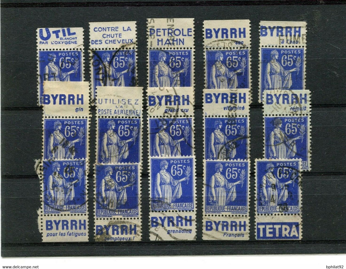 !!! 65 C TYPE PAIX, LOT DE 15 TIMBRES PUBLICITAIRES DIFFERENTS OBLITERES - Used Stamps