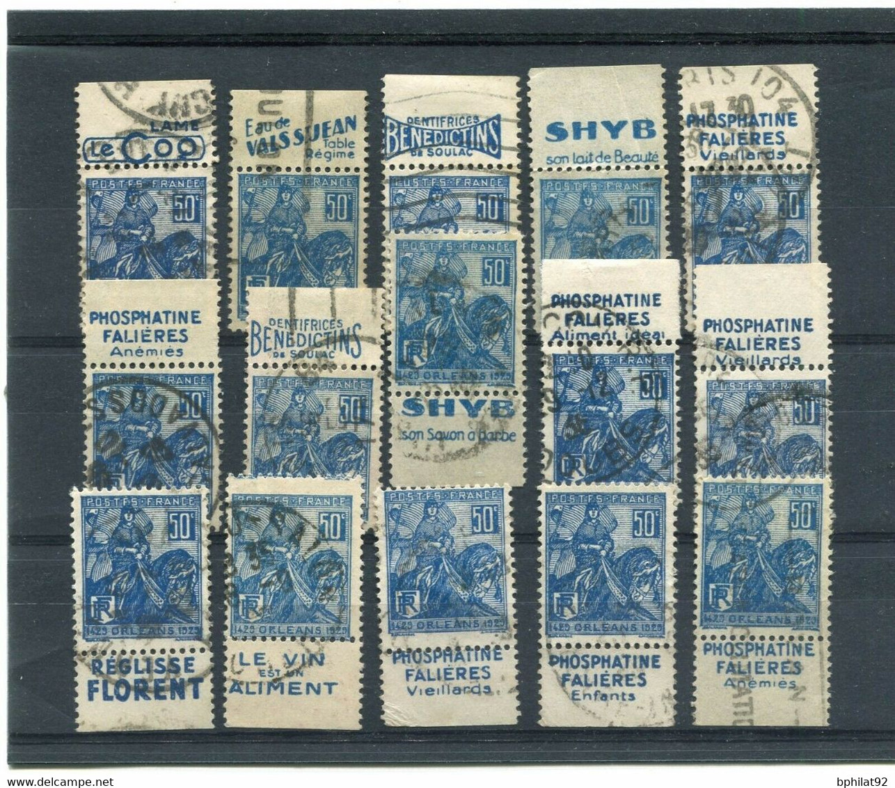 !!! 50 C JEANNE D'ARC : LOT DE 15 TIMBRES PUBLICITAIRES DIFFERENTS OBLITERES - Used Stamps
