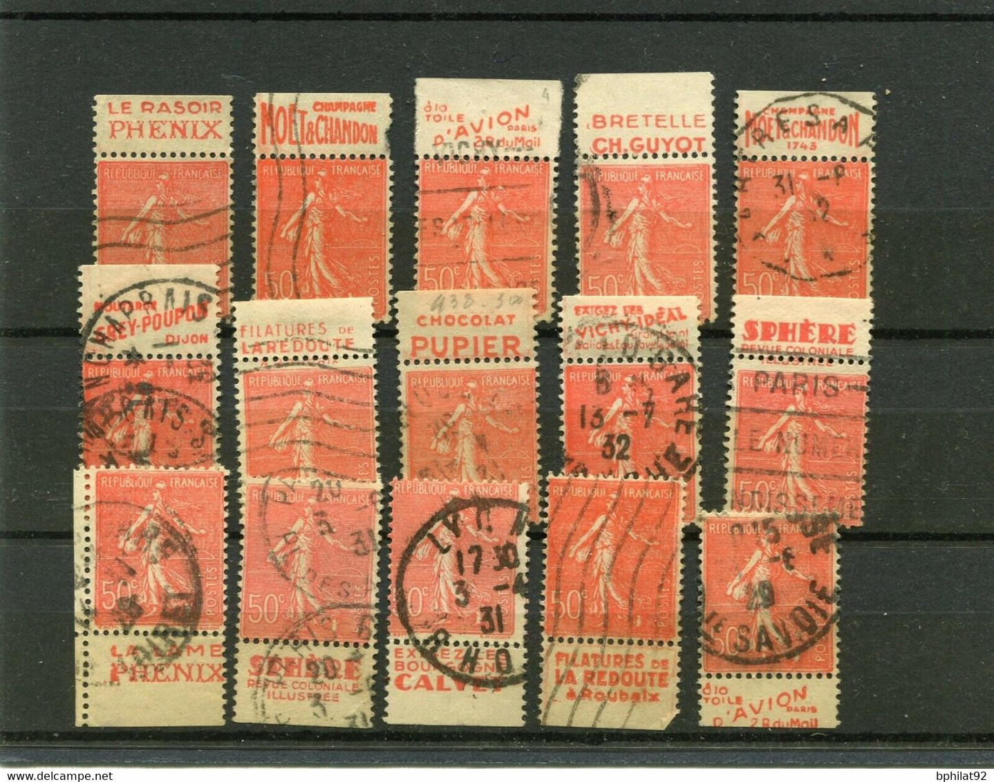 !!! 50 C SEMEUSE LIGNEE LOT DE 15 TIMBRES PUBLICITAIRES OBLITERES DIFFERENTS - Used Stamps