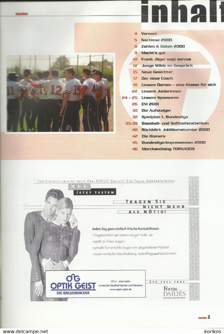 BASELINE - GERMAN BASEBALL MAGAZINE – MEDIA GUIDE - MANHEIM TORNADOS - 2001 - Other & Unclassified