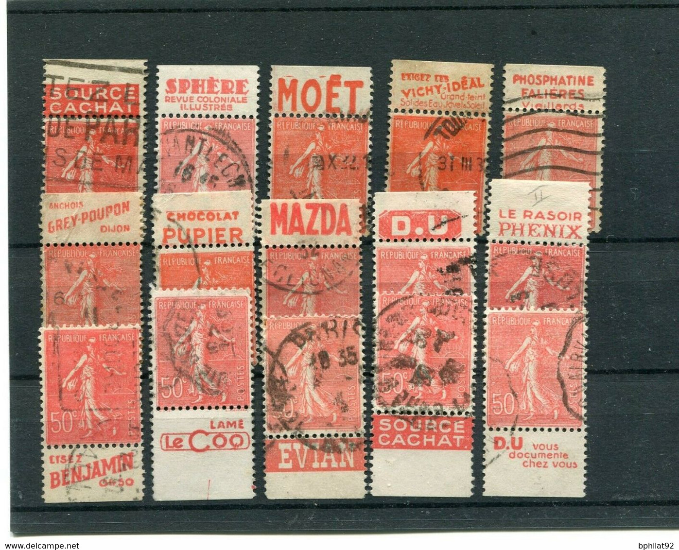 !!! 50 C SEMEUSE LIGNEE LOT DE 15 TIMBRES PUBLICITAIRES OBLITERES DIFFERENTS - Used Stamps